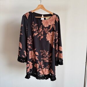NWOT Black Mestiza Floral Mini Dress with Tassel Trim Sz Small